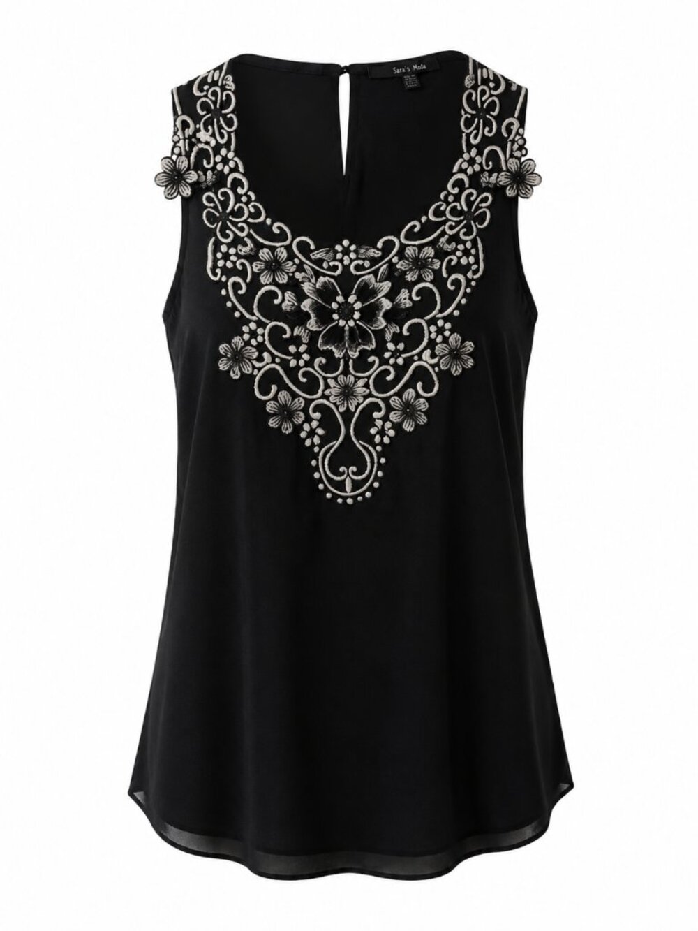 Embroidered Sleeveless Black Cream Top Floral Applique Size Small